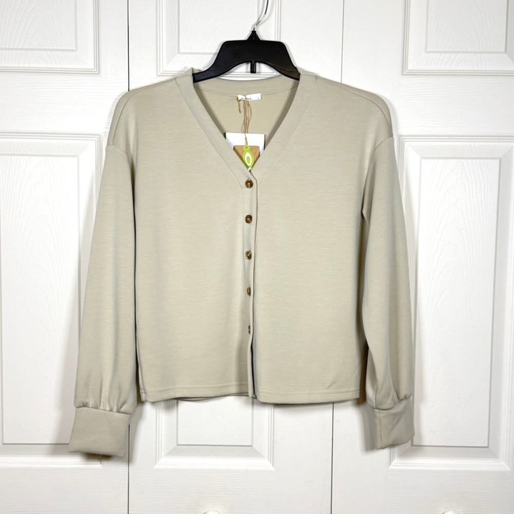 OGL Dark Alabaster Beige Modal Spacer Knit V-Neck Button Down Cardigan Medium